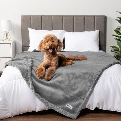 Waterproof Dog Blanket for Large Dog Pet, 90X90 Queen, Light Grey | 460 GSM Sherpa Fleece Reversible, Pee Proof Cat Blanket, Furniture Protector Cover for Bed Sofa Kennel, Washable, Queen Size