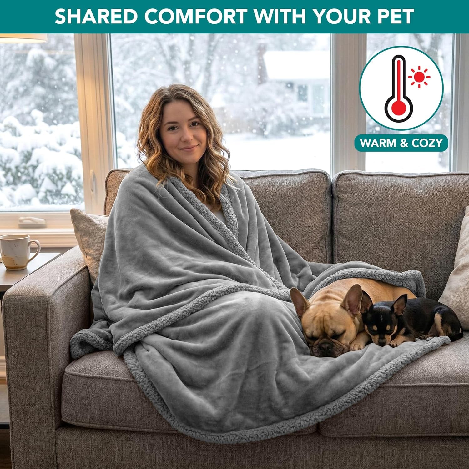 Waterproof Dog Blanket for Large Dog Pet, 90X90 Queen, Light Grey | 460 GSM Sherpa Fleece Reversible, Pee Proof Cat Blanket, Furniture Protector Cover for Bed Sofa Kennel, Washable, Queen Size