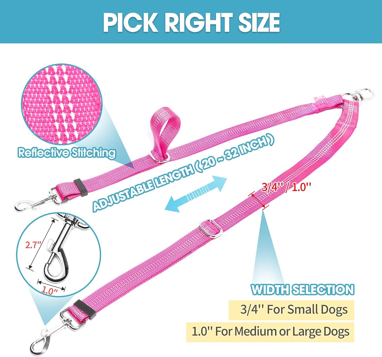 Double Dog Leash Splitter, Tangle Free Dual Dog Leash Coupler, Two Dog Walking and Training Extension for Small Medium or Large Dogs (1.0'' X 20~32 Inch, Pink)