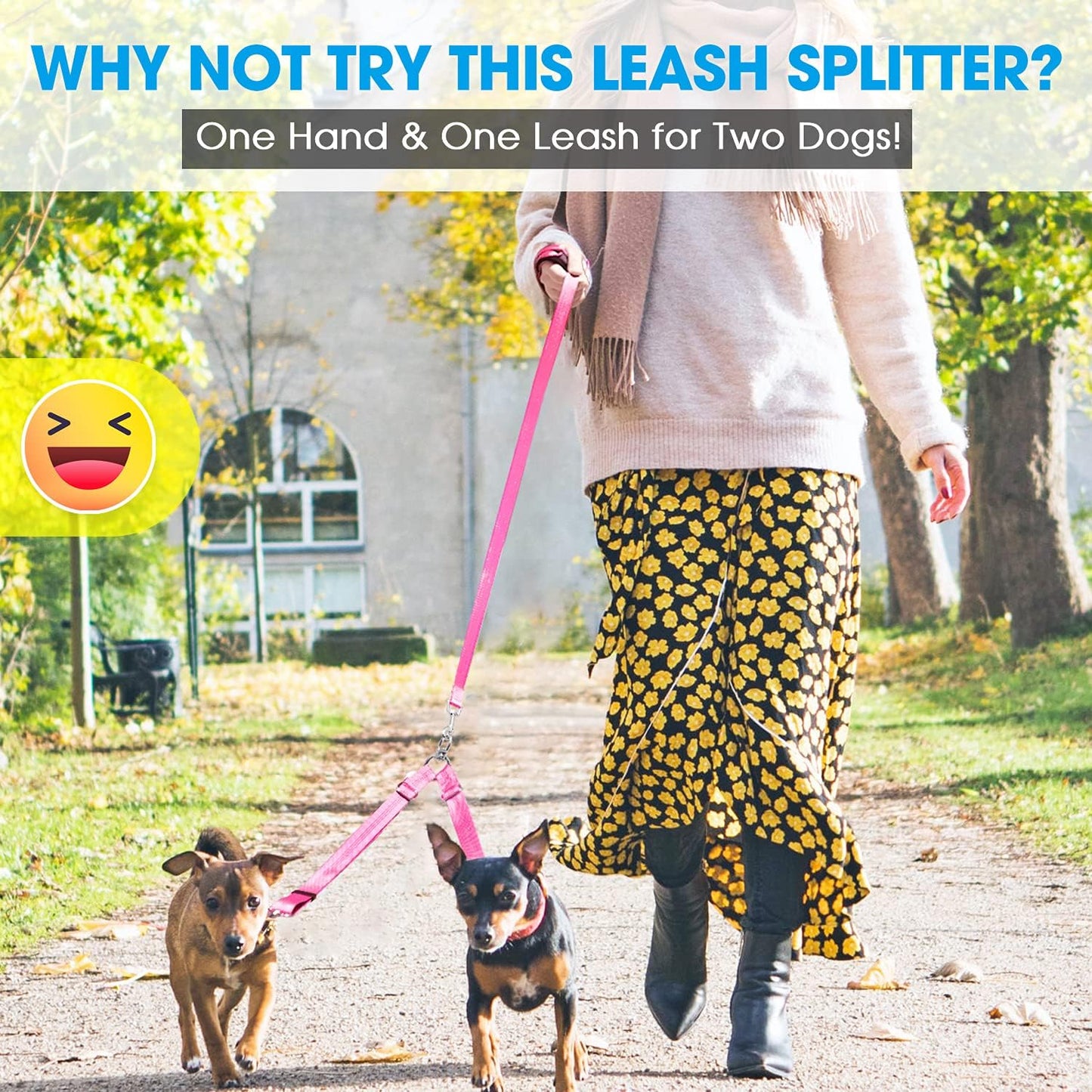 Double Dog Leash Splitter, Tangle Free Dual Dog Leash Coupler, Two Dog Walking and Training Extension for Small Medium or Large Dogs (1.0'' X 20~32 Inch, Pink)
