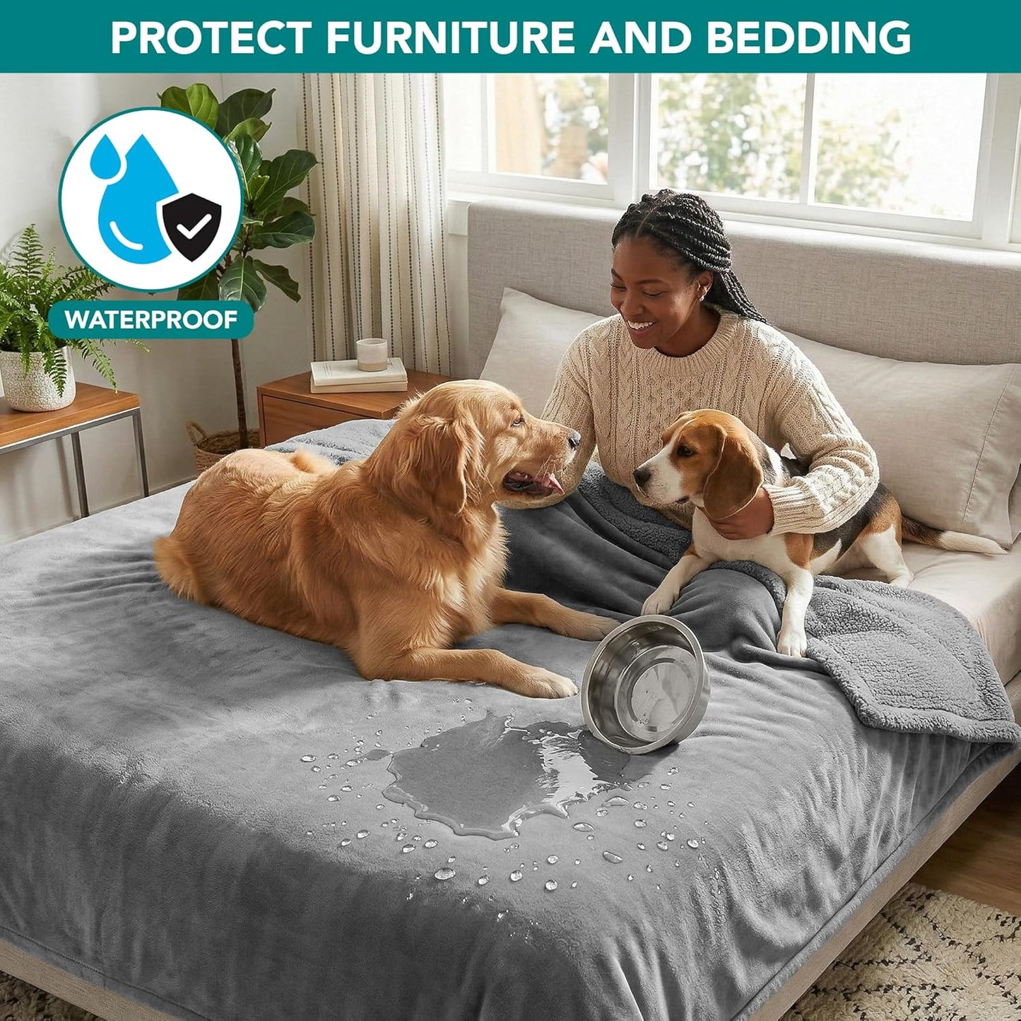 Waterproof Dog Blanket for Large Dog Pet, 90X90 Queen, Light Grey | 460 GSM Sherpa Fleece Reversible, Pee Proof Cat Blanket, Furniture Protector Cover for Bed Sofa Kennel, Washable, Queen Size
